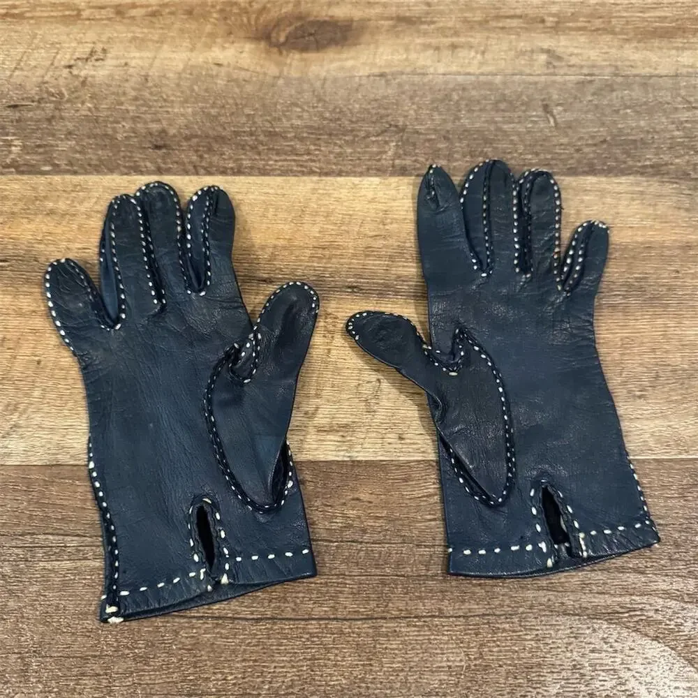 Small Vintage Navy Blue Leather Gloves White Trim Hand Stitch Wrist Length READ